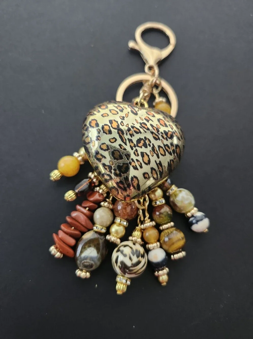 Leopard Heart Purse Charm or Keychain Agate Coral Stone Glass Handcrafted